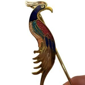 Vintage cloisonné enamel bird in paradise metallic gold tone bookmark 6”